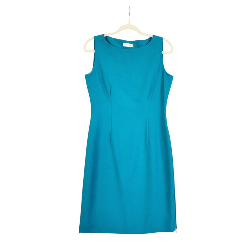 Calvin Klein Womens Teal Sleeveless Sheath Dress w Gold Side Zip Accents Size 6 - Picture 1 of 13
